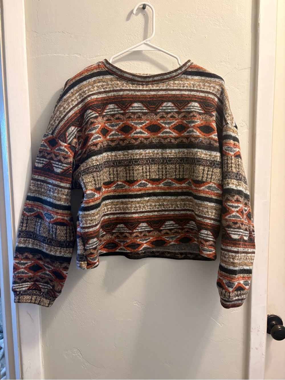 Cozy Patterned Crop Sweater - Orange, Brown & Cream